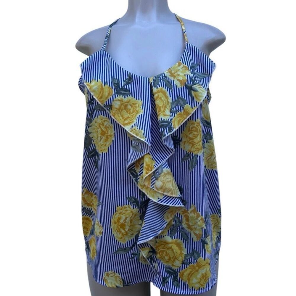 Time To Bloom Blouse Medium Blue Yellow Striped Floral Ruffle Spaghetti Strap